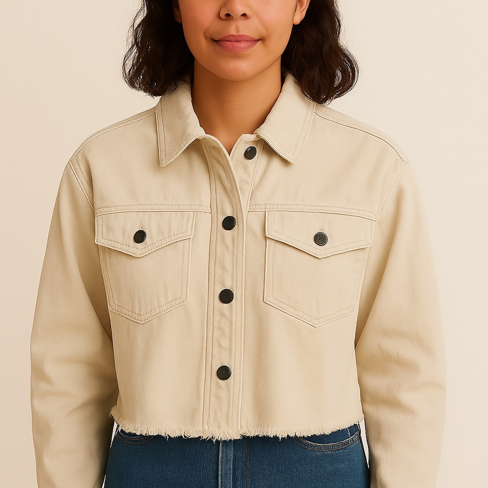 Cotton:On Ecru Shirt Jacket Denim Cropped Frayed Hem Snap Closure Size 8